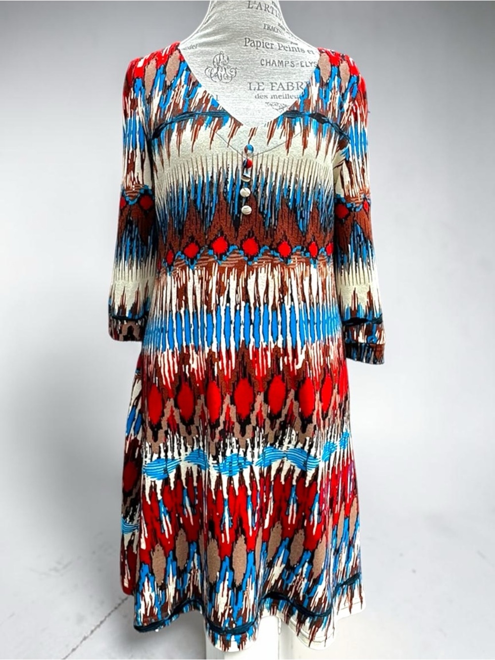 Papillon Vancouver Los Angeles Ikat Print Stretchy Midi Dress XL Boho V-Neck XL